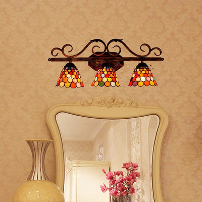 Traditional Tiffany Cone Lace Stained Glass Iron 3-Light Wall Sconce Lamp For Bedroom