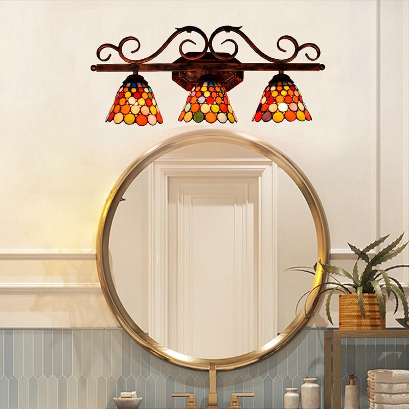 Traditional Tiffany Cone Lace Stained Glass Iron 3-Light Wall Sconce Lamp For Bedroom