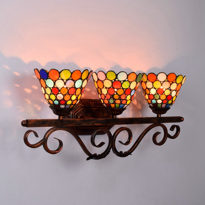Traditional Tiffany Cone Lace Stained Glass Iron 3-Light Wall Sconce Lamp For Bedroom