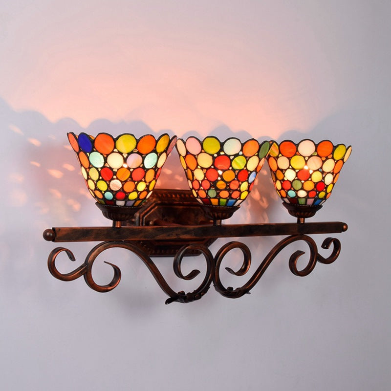 Traditional Tiffany Cone Lace Stained Glass Iron 3-Light Wall Sconce Lamp For Bedroom
