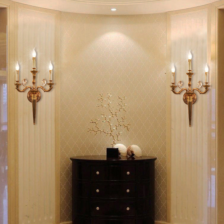Traditional French Candelabra Carved Curved Rod Copper 3-Light Wall Sconce Lamp For Living Room
