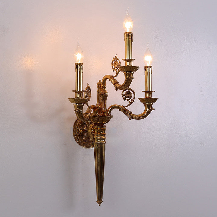 Traditionelle französische Kandelaber geschnitzt gebogene Stange Kupfer 3-Licht Wandleuchte Lampe für Wohnzimmer 