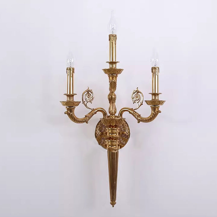 Traditionelle französische Kandelaber geschnitzt gebogene Stange Kupfer 3-Licht Wandleuchte Lampe für Wohnzimmer 