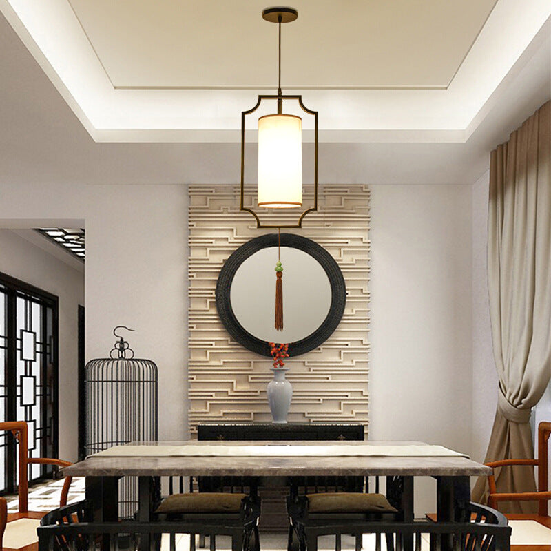 Traditionelle chinesische rechteckige Zylinder Eisen Stoff 1-Licht Pendelleuchte für Wohnzimmer 