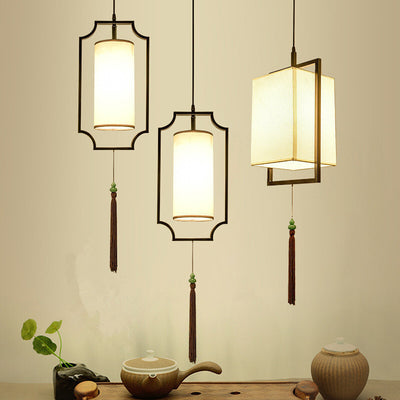Traditionelle chinesische rechteckige Zylinder Eisen Stoff 1-Licht Pendelleuchte für Wohnzimmer 