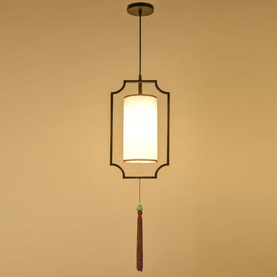 Traditionelle chinesische rechteckige Zylinder Eisen Stoff 1-Licht Pendelleuchte für Wohnzimmer 