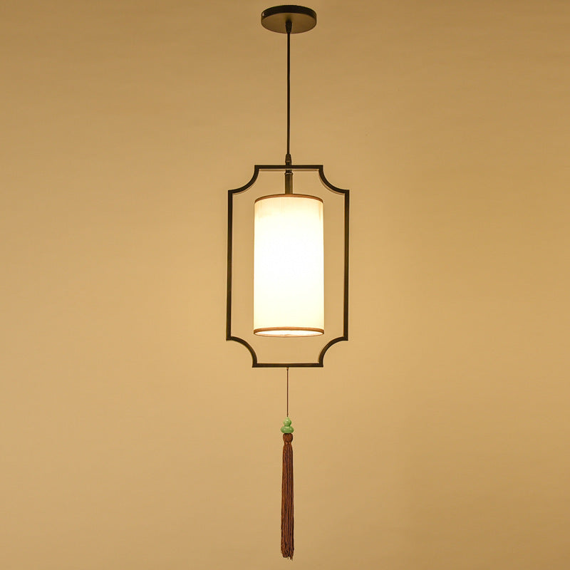 Traditionelle chinesische rechteckige Zylinder Eisen Stoff 1-Licht Pendelleuchte für Wohnzimmer 