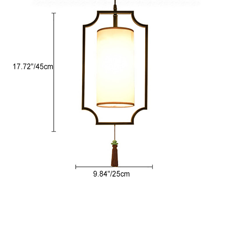 Traditionelle chinesische rechteckige Zylinder Eisen Stoff 1-Licht Pendelleuchte für Wohnzimmer 