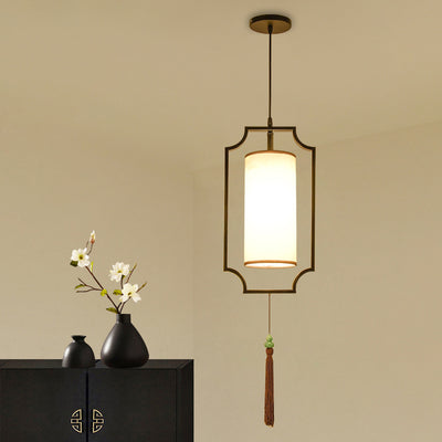 Traditionelle chinesische rechteckige Zylinder Eisen Stoff 1-Licht Pendelleuchte für Wohnzimmer 