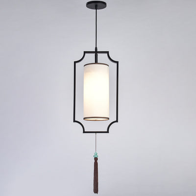 Traditionelle chinesische rechteckige Zylinder Eisen Stoff 1-Licht Pendelleuchte für Wohnzimmer 