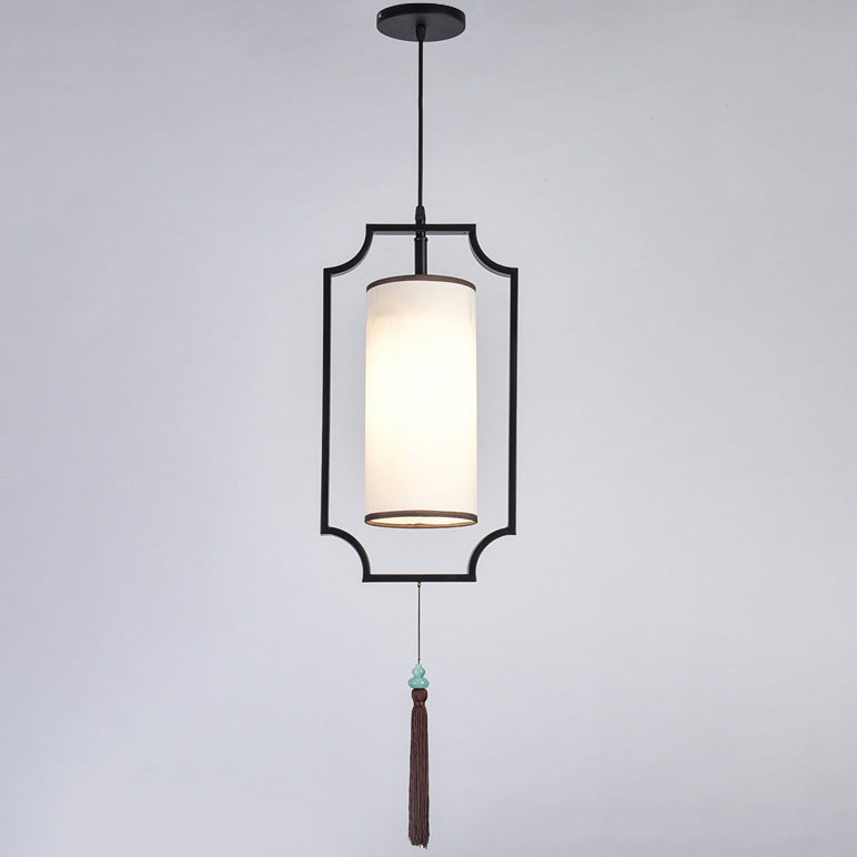 Traditionelle chinesische rechteckige Zylinder Eisen Stoff 1-Licht Pendelleuchte für Wohnzimmer 