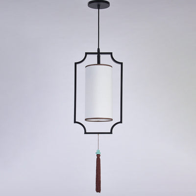 Traditionelle chinesische rechteckige Zylinder Eisen Stoff 1-Licht Pendelleuchte für Wohnzimmer 