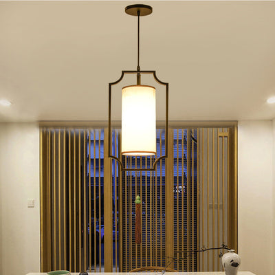 Traditionelle chinesische rechteckige Zylinder Eisen Stoff 1-Licht Pendelleuchte für Wohnzimmer 