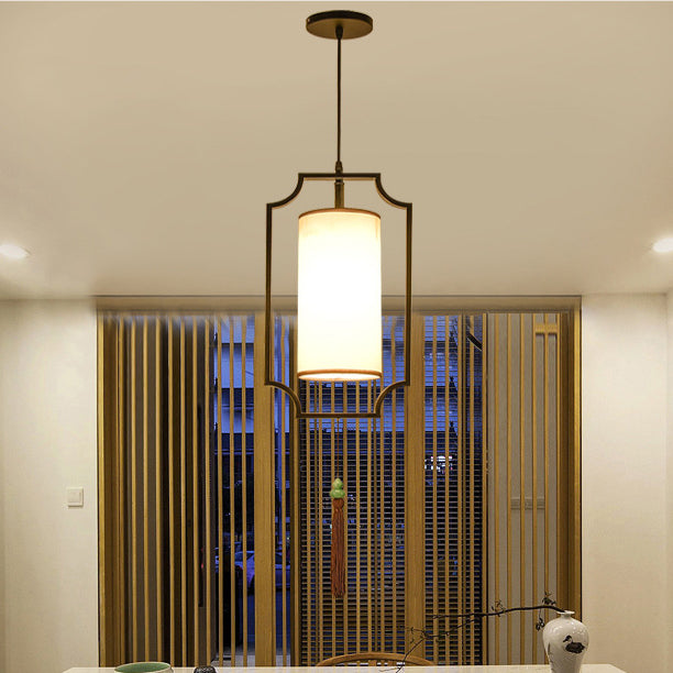 Traditionelle chinesische rechteckige Zylinder Eisen Stoff 1-Licht Pendelleuchte für Wohnzimmer 