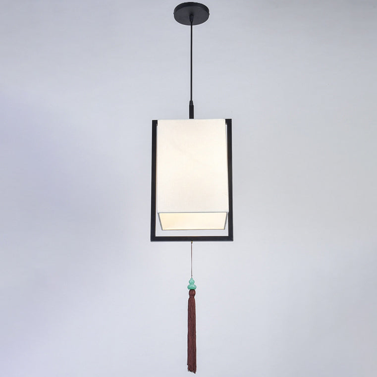 Traditionelle chinesische rechteckige Zylinder Eisen Stoff 1-Licht Pendelleuchte für Wohnzimmer 