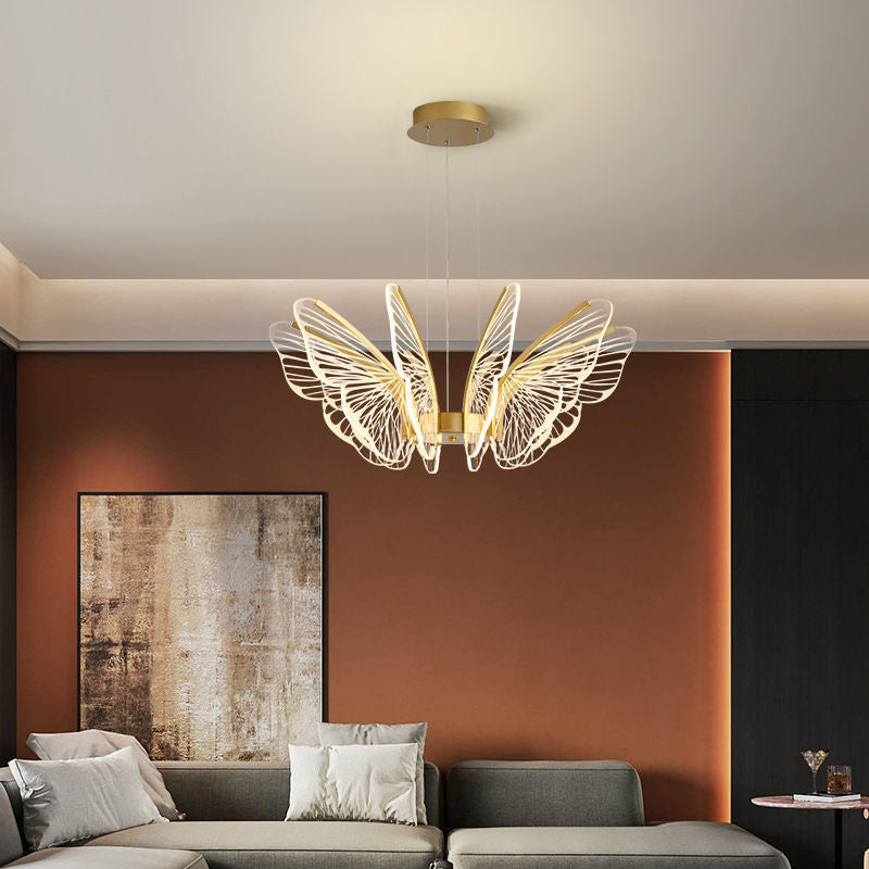 Lustre à LED en aluminium et acrylique en forme de papillon créatif contemporain pour salon 