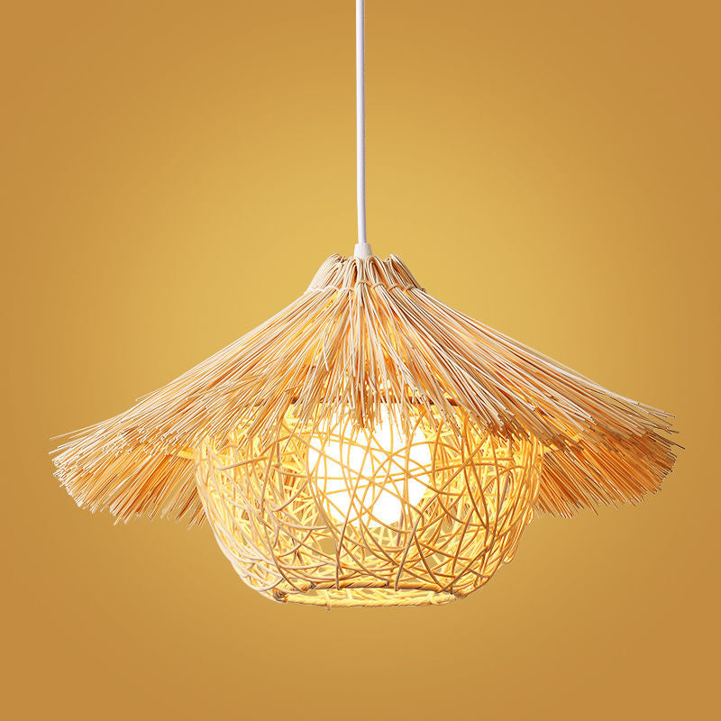 Suspension lumineuse 1 lumière en forme de chapeau de paille conique rond japonais traditionnel en rotin pour salon 