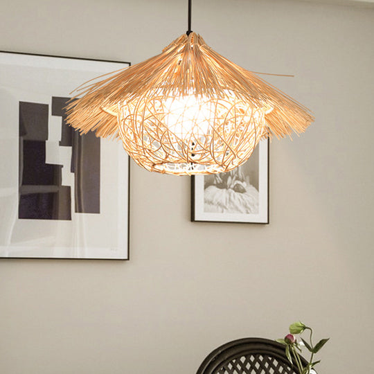Suspension lumineuse 1 lumière en forme de chapeau de paille conique rond japonais traditionnel en rotin pour salon 