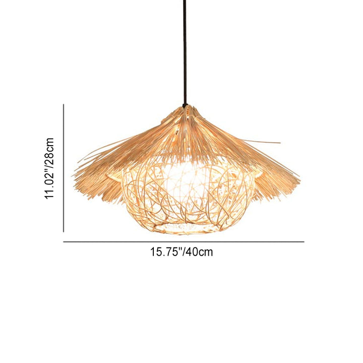 Suspension lumineuse 1 lumière en forme de chapeau de paille conique rond japonais traditionnel en rotin pour salon 