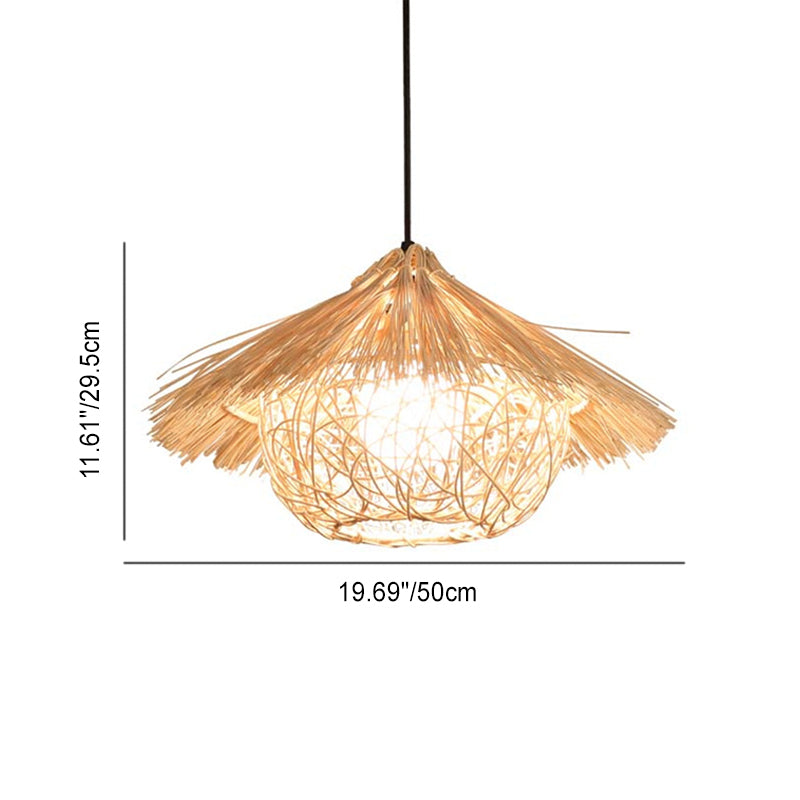 Suspension lumineuse 1 lumière en forme de chapeau de paille conique rond japonais traditionnel en rotin pour salon 