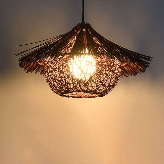 Suspension lumineuse 1 lumière en forme de chapeau de paille conique rond japonais traditionnel en rotin pour salon 