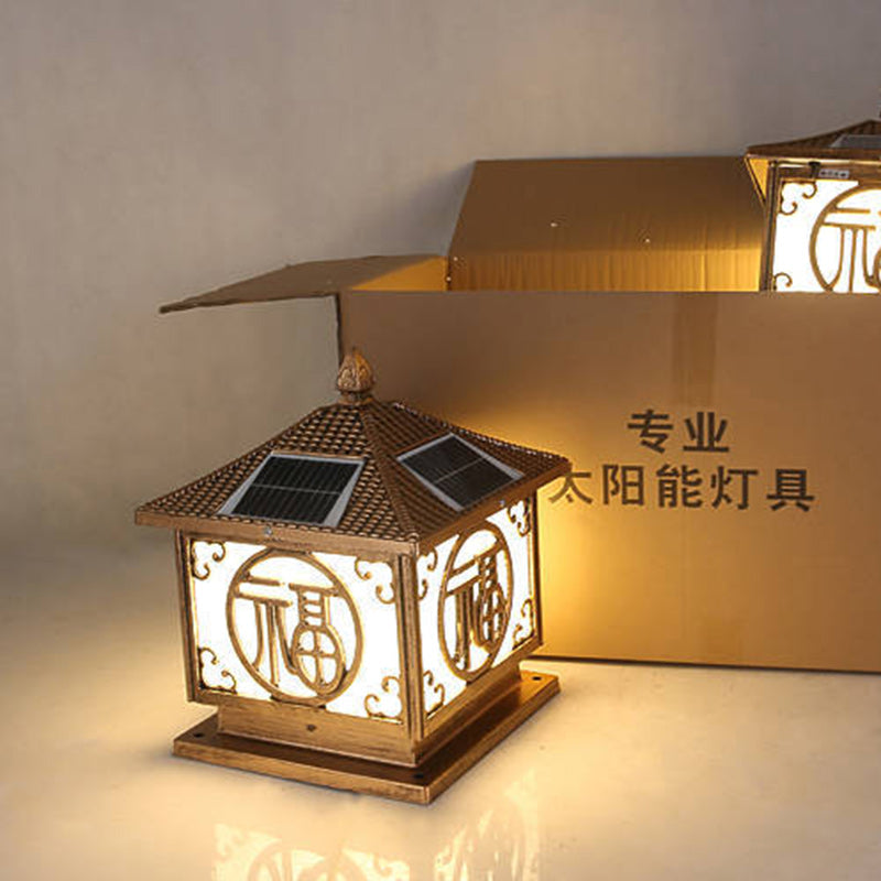 ضوء رأس عمود LED من الألومنيوم على شكل منزل رباعي تقليدي صيني شمسي مقاوم للماء للحديقة 