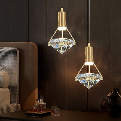 Chandelier LED en forme de diamant de luxe contemporain en cristal et cuivre complet pour salon 