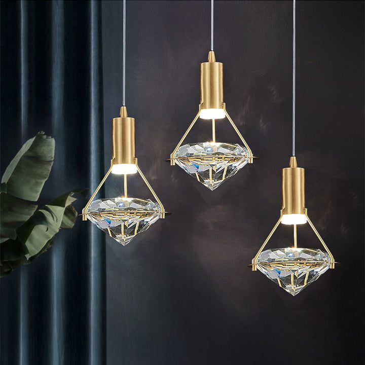 Chandelier LED en forme de diamant de luxe contemporain en cristal et cuivre complet pour salon 