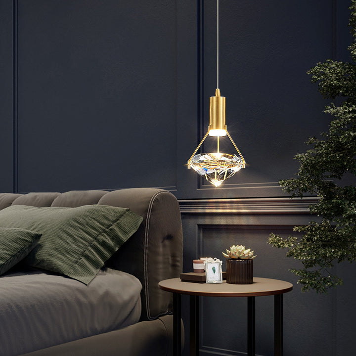 Chandelier LED en forme de diamant de luxe contemporain en cristal et cuivre complet pour salon 