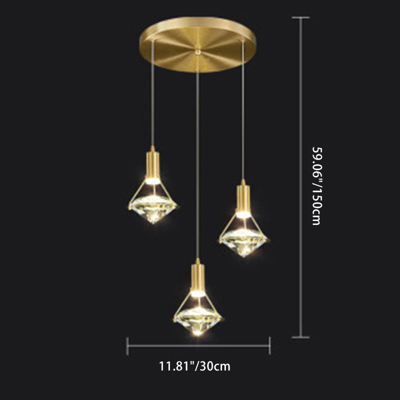 Chandelier LED en forme de diamant de luxe contemporain en cristal et cuivre complet pour salon 