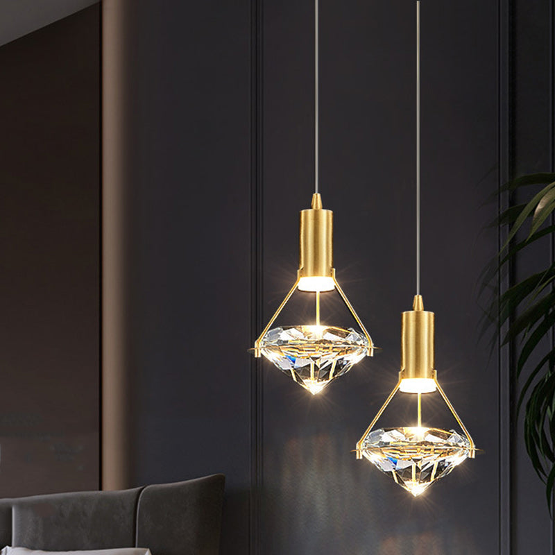 Chandelier LED en forme de diamant de luxe contemporain en cristal et cuivre complet pour salon 
