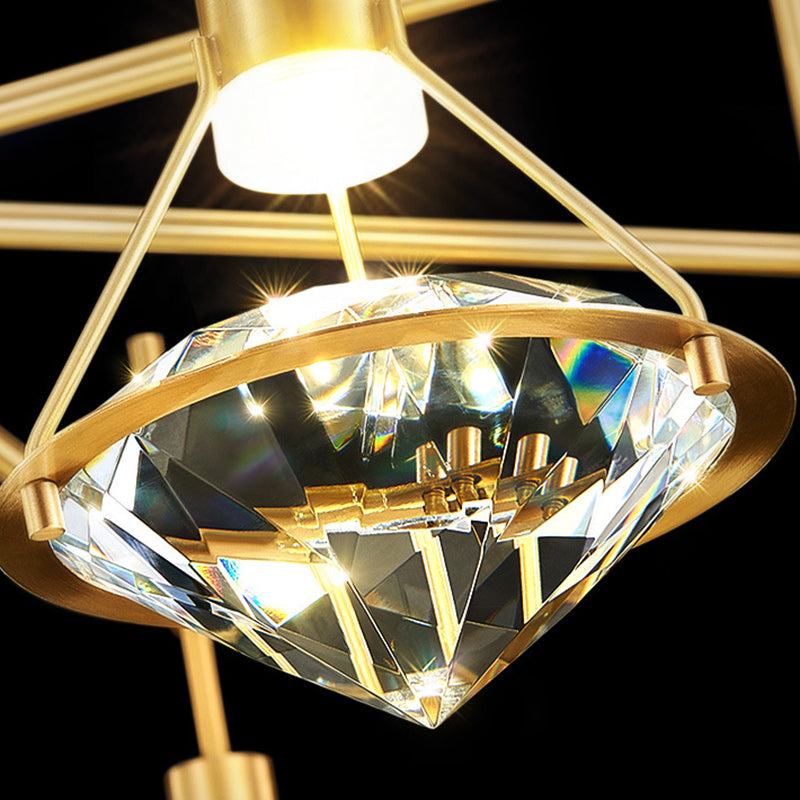 Chandelier LED en forme de diamant de luxe contemporain en cristal et cuivre complet pour salon 