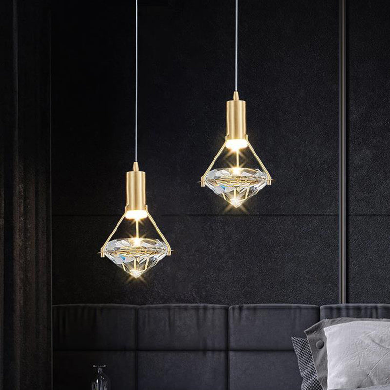 Chandelier LED en forme de diamant de luxe contemporain en cristal et cuivre complet pour salon 