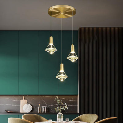 Chandelier LED en forme de diamant de luxe contemporain en cristal et cuivre complet pour salon 