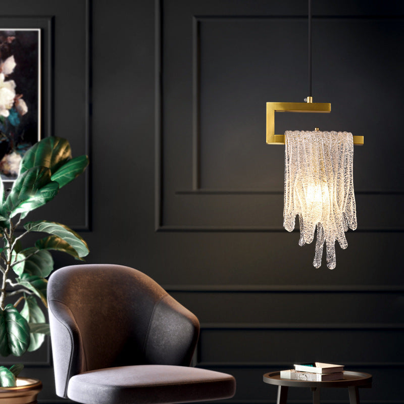 Lámpara colgante contemporánea nórdica de forma rectangular de cascada de cobre y vidrio con 1 luz para dormitorio 