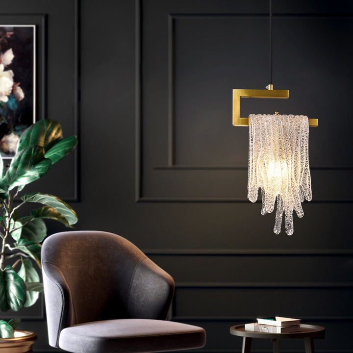 Lámpara colgante contemporánea nórdica de forma rectangular de cascada de cobre y vidrio con 1 luz para dormitorio 