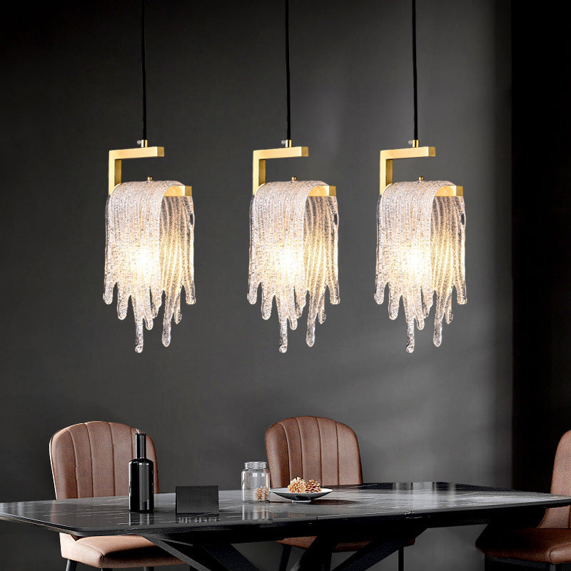 Lámpara colgante contemporánea nórdica de forma rectangular de cascada de cobre y vidrio con 1 luz para dormitorio 