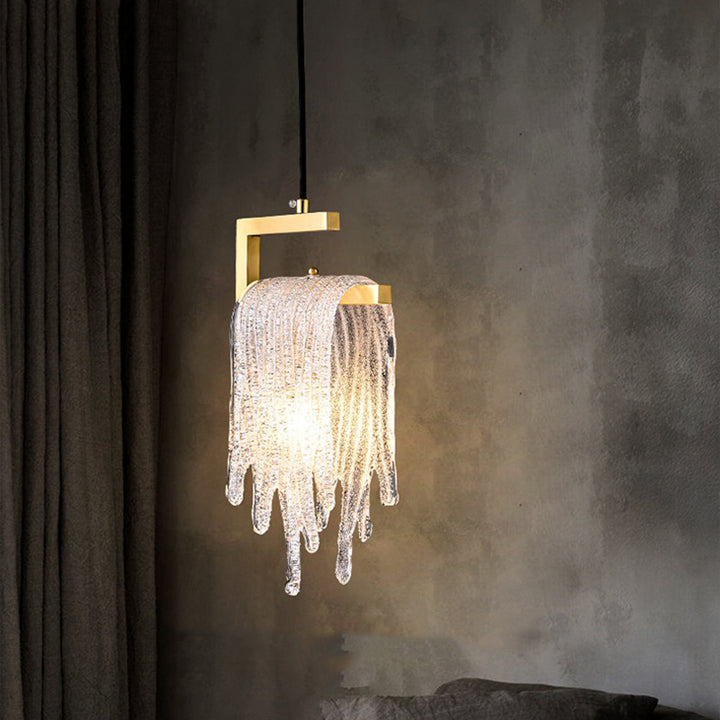 Lámpara colgante contemporánea nórdica de forma rectangular de cascada de cobre y vidrio con 1 luz para dormitorio 