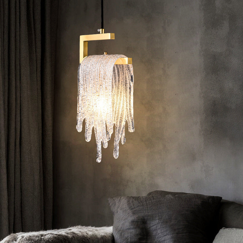Lámpara colgante contemporánea nórdica de forma rectangular de cascada de cobre y vidrio con 1 luz para dormitorio 