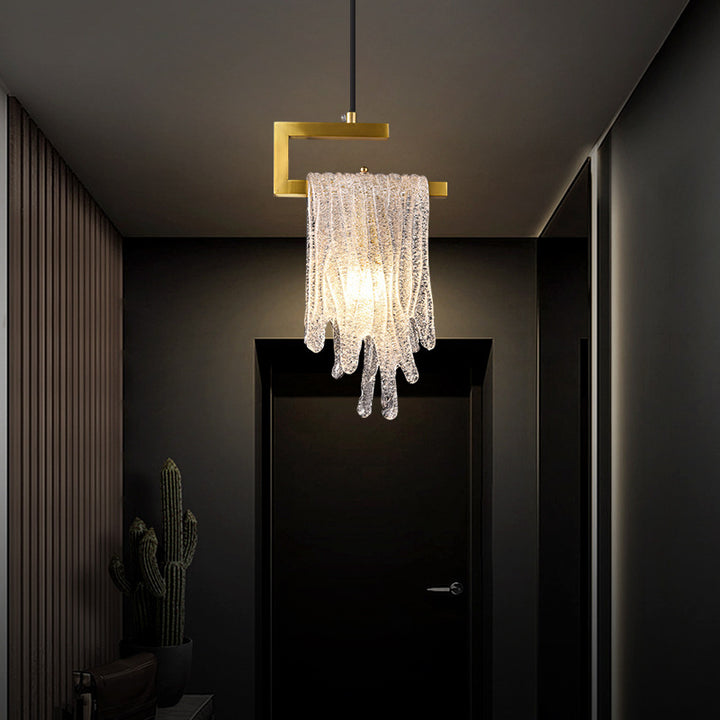 Lámpara colgante contemporánea nórdica de forma rectangular de cascada de cobre y vidrio con 1 luz para dormitorio 