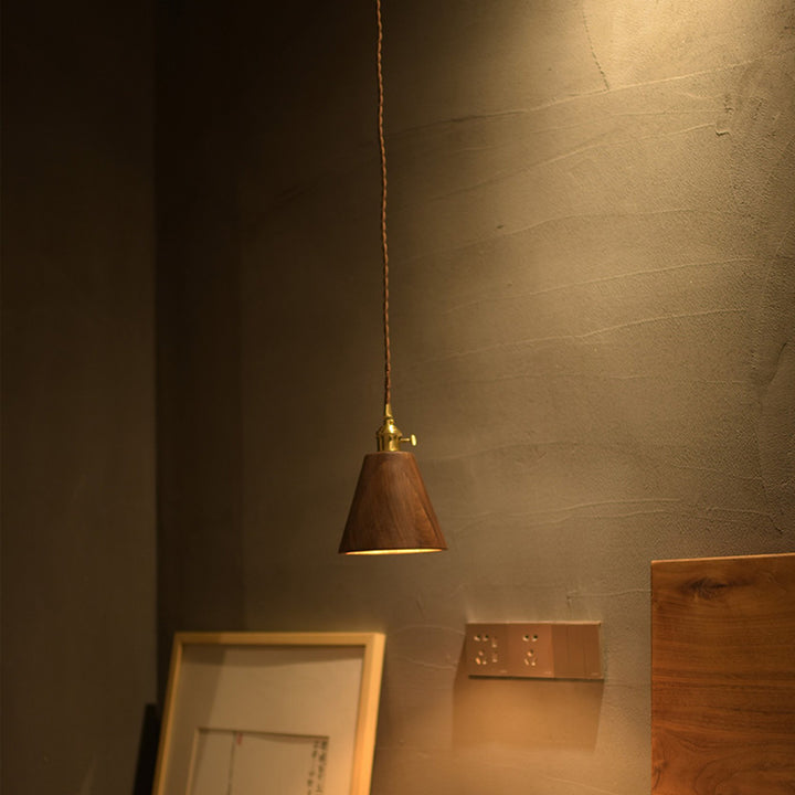 Lustre suspendu à 1 lumière avec abat-jour en bois de cuivre trapézoïdal conique rond japonais traditionnel pour chambre 