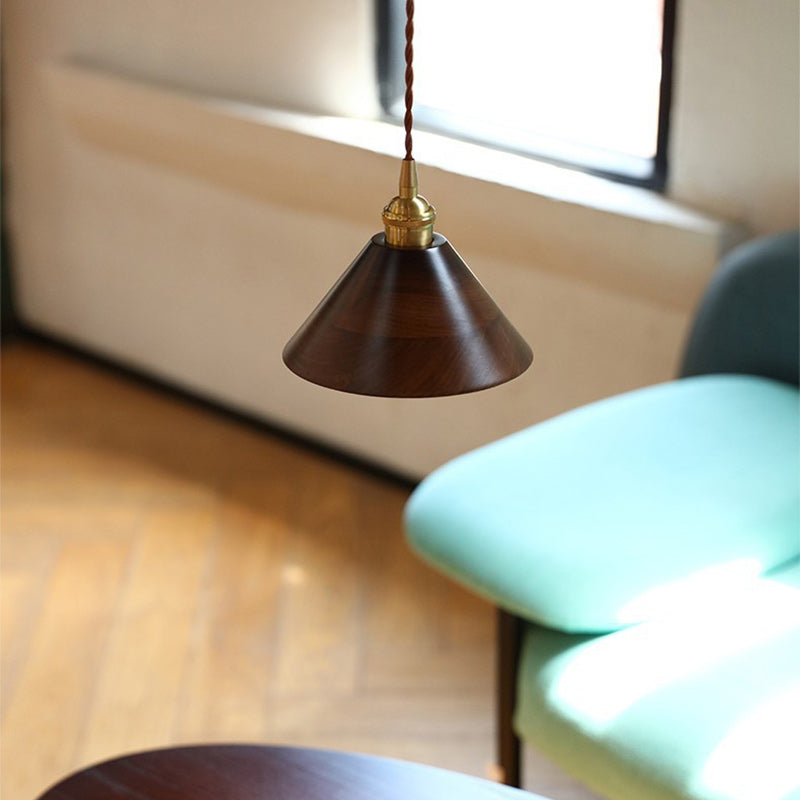 Lustre suspendu à 1 lumière avec abat-jour en bois de cuivre trapézoïdal conique rond japonais traditionnel pour chambre 
