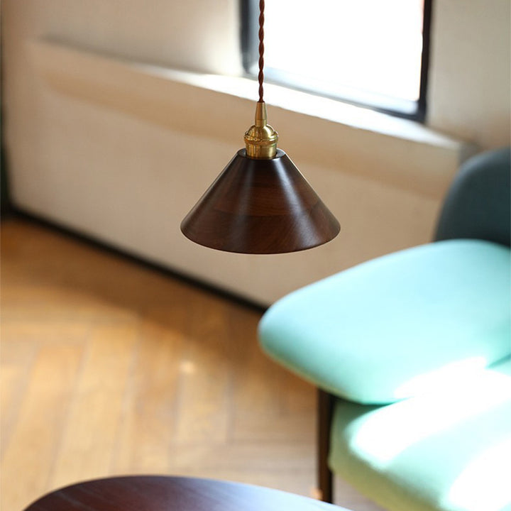 Lustre suspendu à 1 lumière avec abat-jour en bois de cuivre trapézoïdal conique rond japonais traditionnel pour chambre 