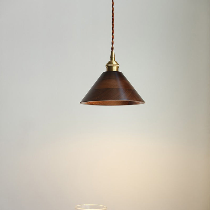 Lustre suspendu à 1 lumière avec abat-jour en bois de cuivre trapézoïdal conique rond japonais traditionnel pour chambre 