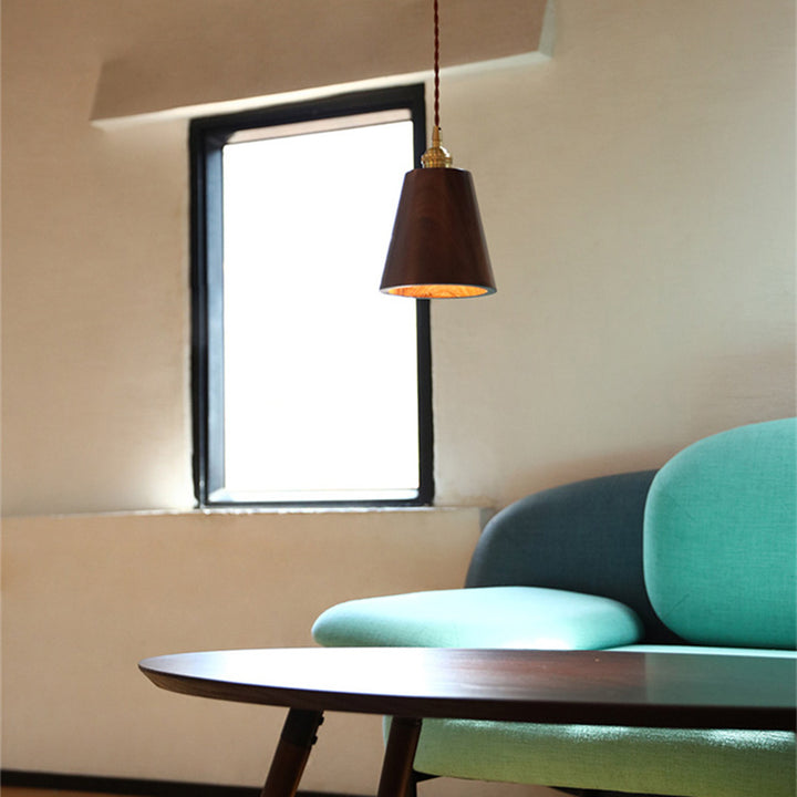 Lustre suspendu à 1 lumière avec abat-jour en bois de cuivre trapézoïdal conique rond japonais traditionnel pour chambre 