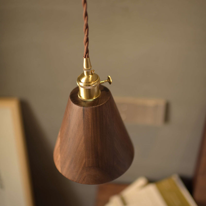 Lustre suspendu à 1 lumière avec abat-jour en bois de cuivre trapézoïdal conique rond japonais traditionnel pour chambre 