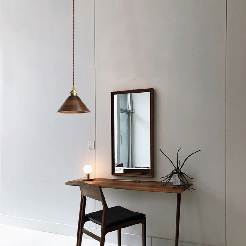 Lustre suspendu à 1 lumière avec abat-jour en bois de cuivre trapézoïdal conique rond japonais traditionnel pour chambre 