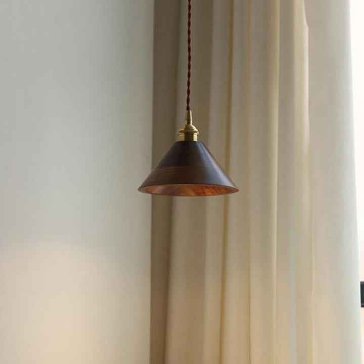 Lustre suspendu à 1 lumière avec abat-jour en bois de cuivre trapézoïdal conique rond japonais traditionnel pour chambre 