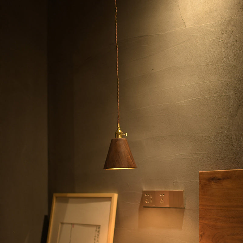 Lustre suspendu à 1 lumière avec abat-jour en bois de cuivre trapézoïdal conique rond japonais traditionnel pour chambre 