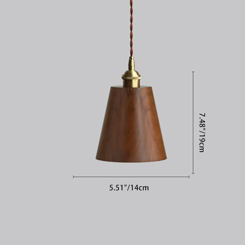 Lustre suspendu à 1 lumière avec abat-jour en bois de cuivre trapézoïdal conique rond japonais traditionnel pour chambre 